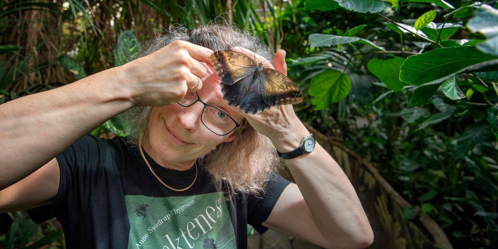 Anne Sverdrup-Thygeson har med sig kärleken till insekter från barndomen. Under besöket på Fjärilshuset i Stockholm placerade sig en fjäril från Caligosläktet på hennes glasögon.