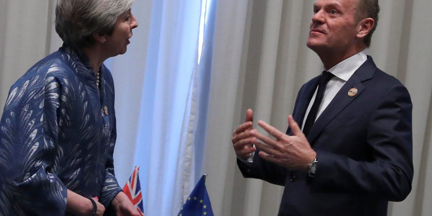Storbritanniens premiärminister Theresa May träffar EU:s permanente rådsordförande Donald Tusk i samband med toppmötet med Arabförbundet i Sharm el-Sheikh.
