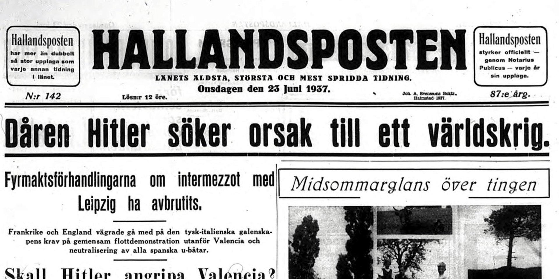 Faksimil från Hallandsposten den 23 juni 1937.