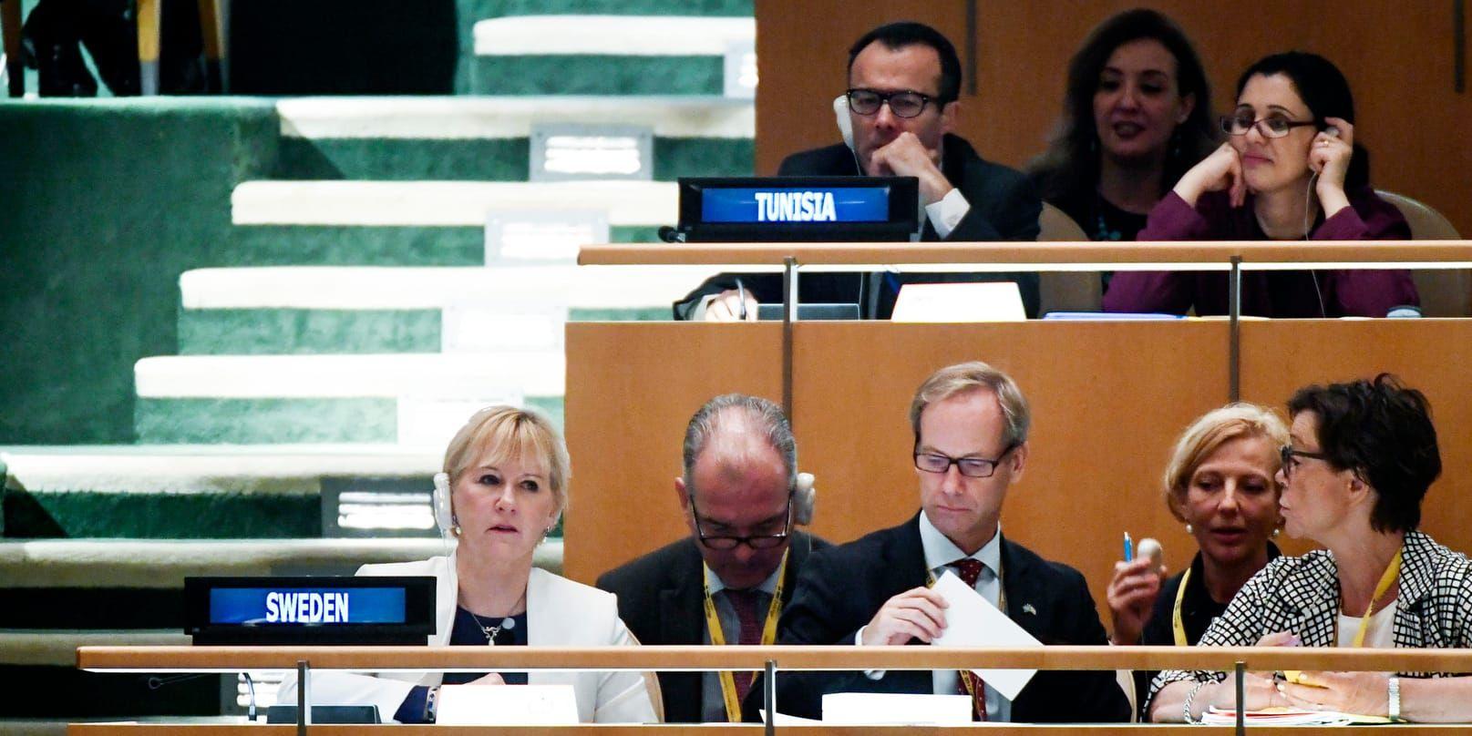 Utrikesminister Margot Wallström (S) och FN-ambassadör Olof Skoog i FN:s generalförsamling inför omröstningen om vilka länder som skulle få en icke-permanent plats i säkerhetsrådet. Arkivbild.