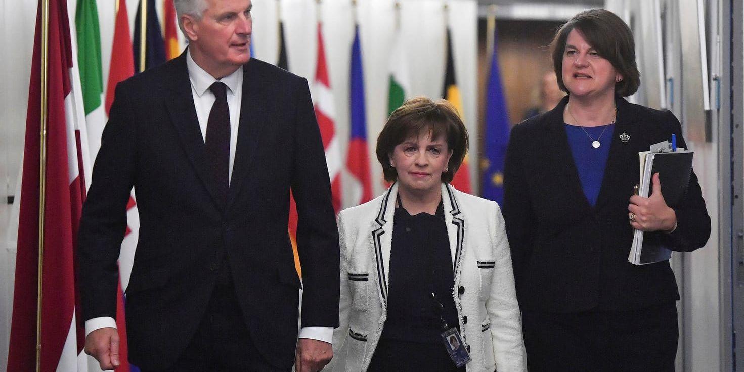 EU:s chefsförhandlare Michel Barnier tar emot EU-parlamentsledamoten Diane Dodds och partiledaren Arlene Foster, båda från nordirländska unionistpartiet DUP.