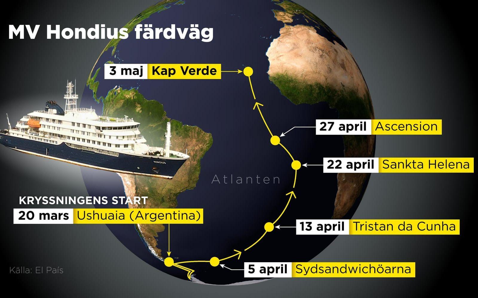 Det virusdrabbade kryssningsfartyget MV Hondius väg från Argentina till Kap Verde.